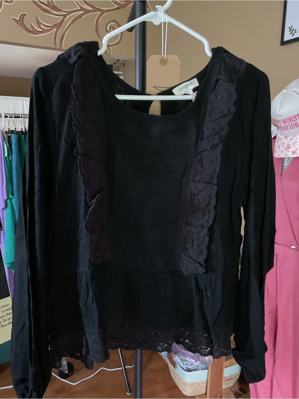 Umgee Black Long Sleeve Lace-Panel Top